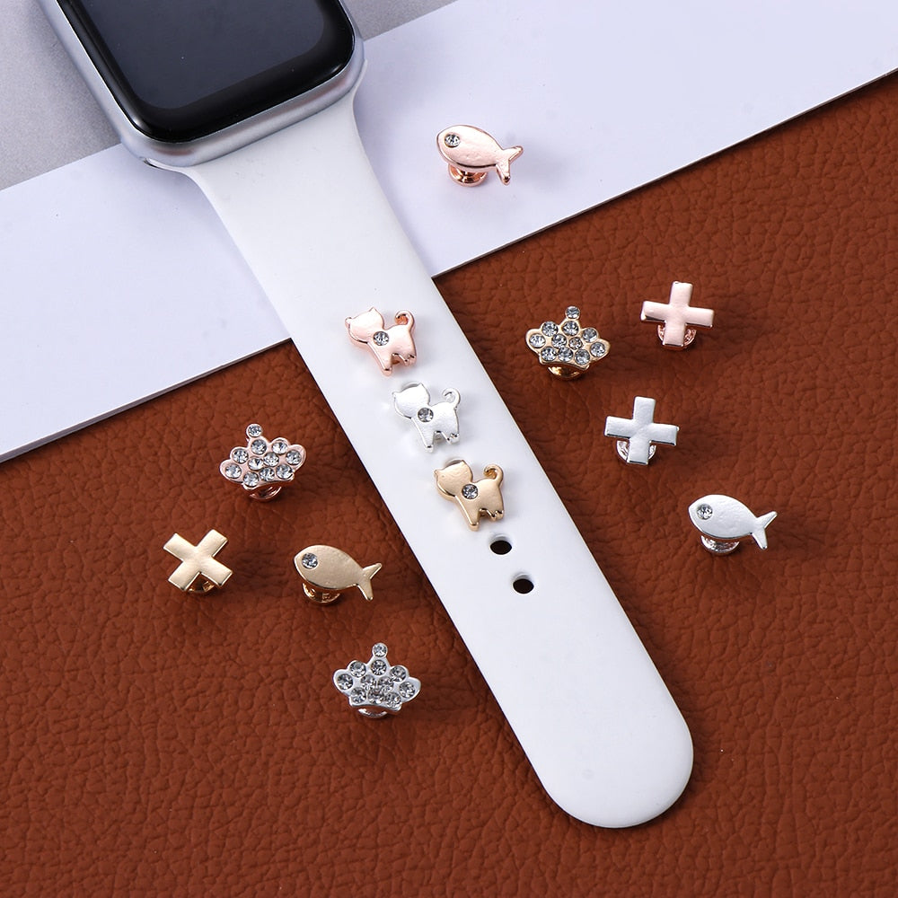 3Pcs New Metal Cat, Fish or Rivet Decorative Ring for Apple Watch Band. Ornament Charms for Silicone Strap Accessories for apple watch.