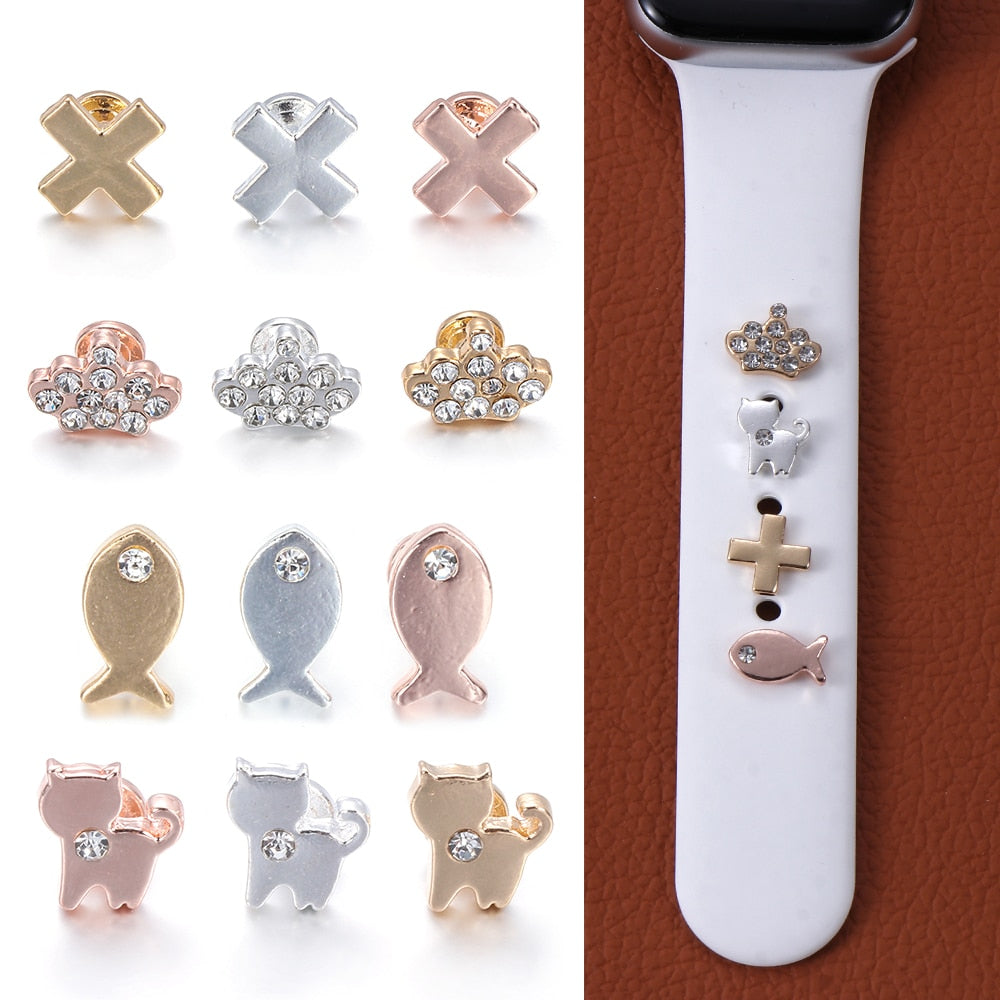 3Pcs New Metal Cat, Fish or Rivet Decorative Ring for Apple Watch Band. Ornament Charms for Silicone Strap Accessories for apple watch.