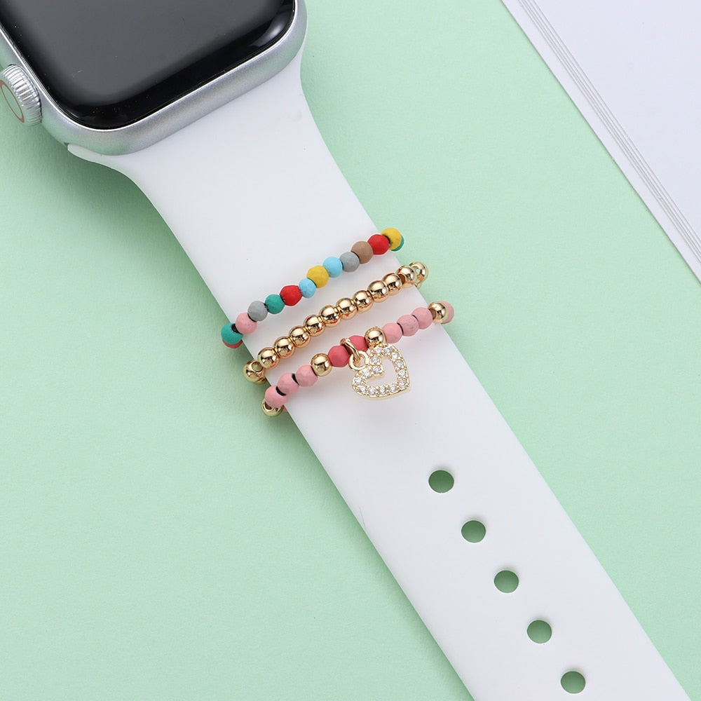 3Pcs Colorful Beads Decorative Ring For Apple Watch Band Ornament Smart Watch Silicone Strap Wristbelt Charm for apple watch Bracelet